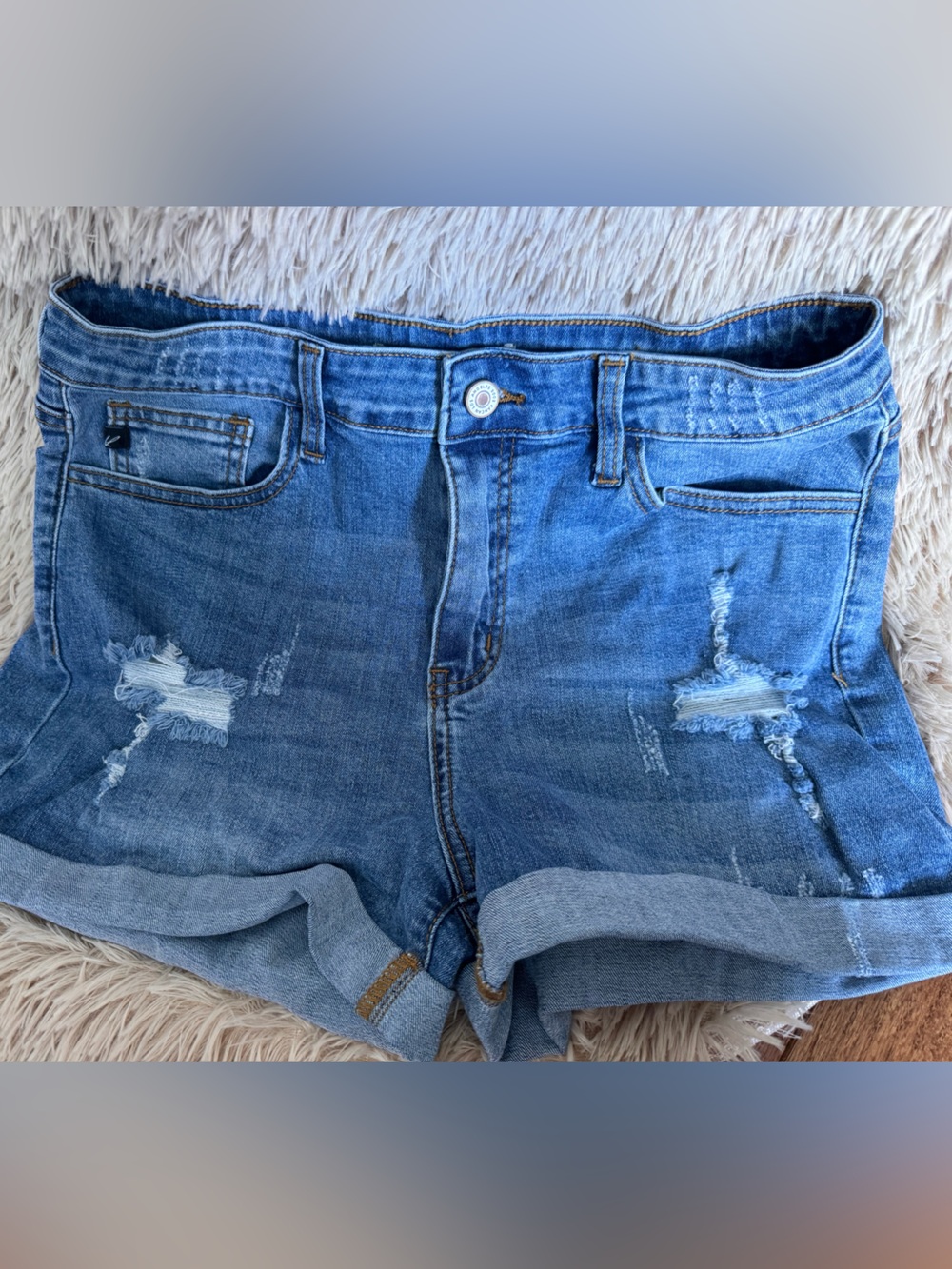 KanCan Light Blue Distressed Roll-Cuff Denim Shorts